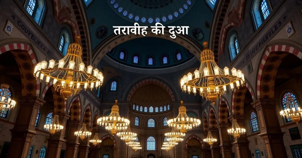 Chandeliers inside ornate mosque.